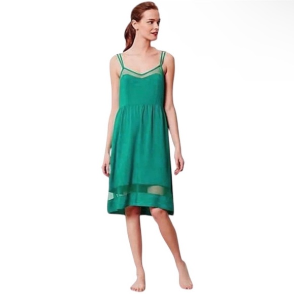 Anthropologie Silky Slip Dress Nightie Medium 6 8 Blue Mesh Inserts GR8 GIFT NWT - Picture 6 of 16